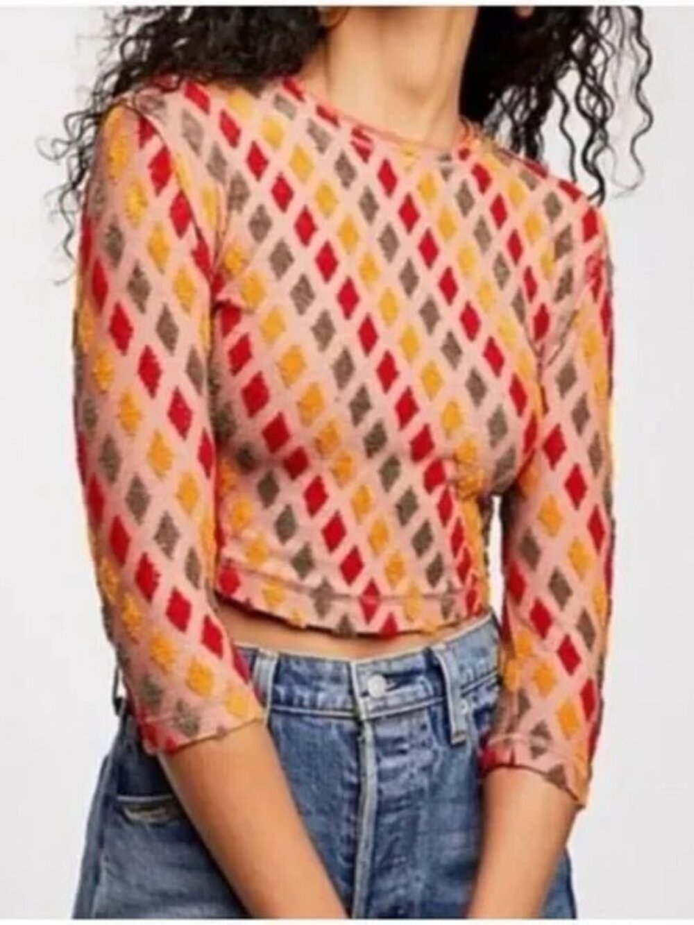 Free People Magic Carpet Multicolored Diamond Pattern Cropped Terry Sweater